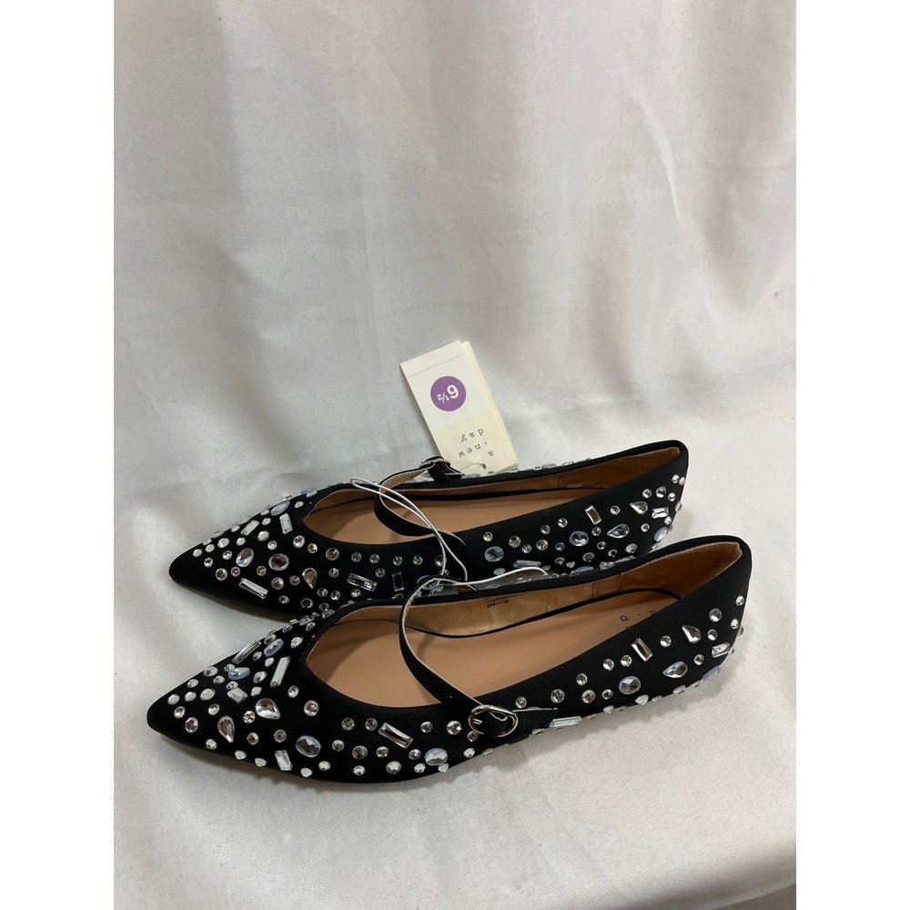 A New Day Womens Black Rhinestone Crystal Pointed Toe Mary Jane Flats Size 6.5